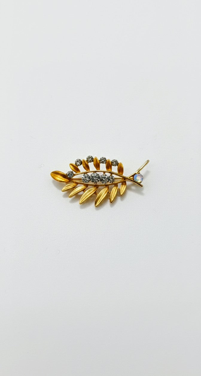 Elegant Enamel & Crystal Laurel Leaf Brooch