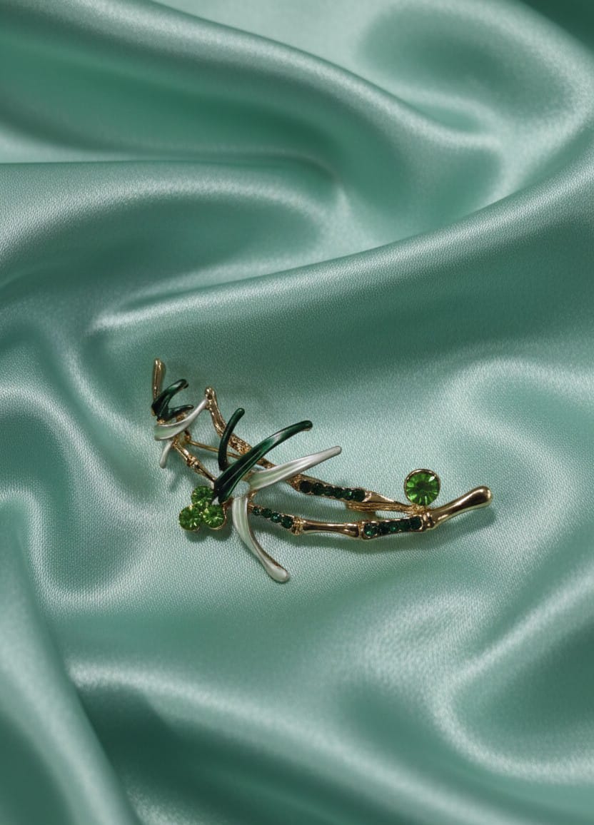 Elegant Bamboo & Crystal Brooch