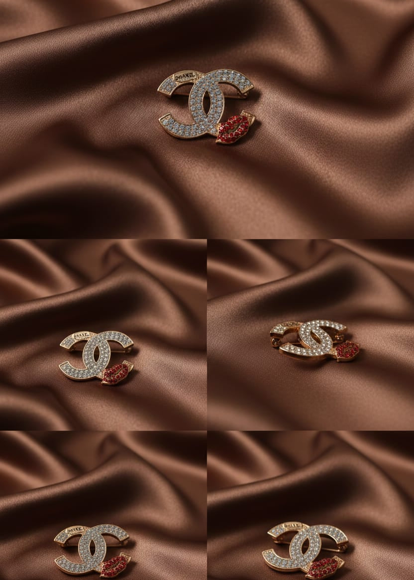 Chanel-Inspired CC Logo Red Lips Brooch