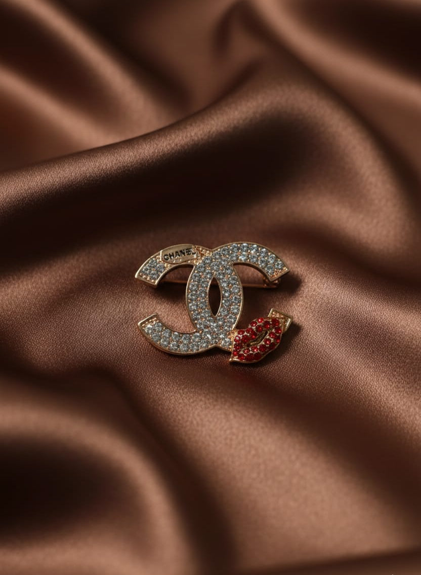 Chanel-Inspired CC Logo Red Lips Brooch