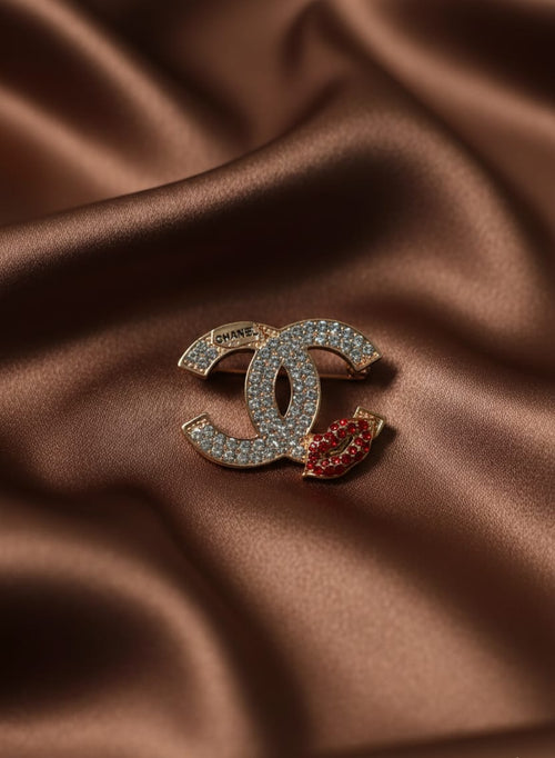 Chanel-Inspired CC Logo Red Lips Brooch